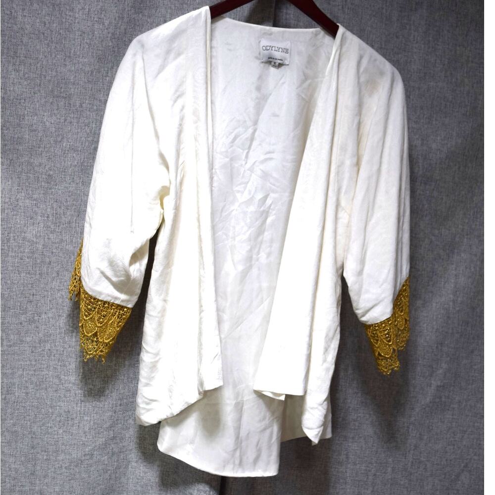 Odylyne White Bohemian Kimono Jacket with Gold Lace Cuff Detail - Size M